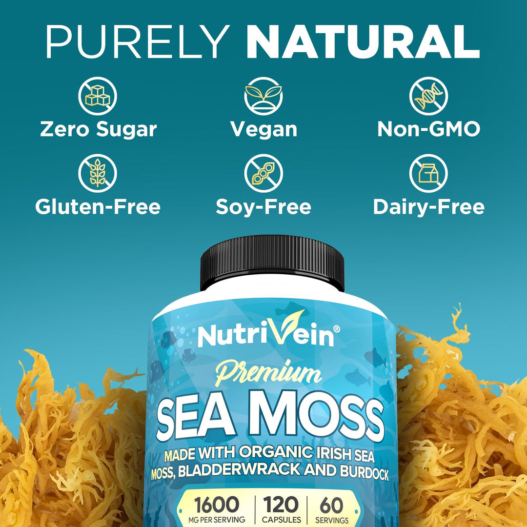 Nutrivein Organic Irish Sea Moss Capsules, 1600 mg, 120 Count