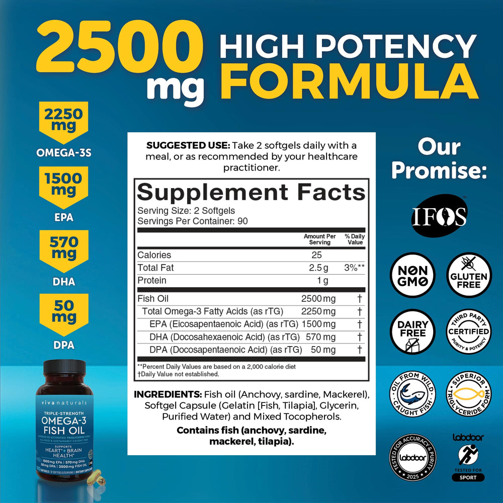 Viva Naturals Omega 3 Fish Oil, 2500 mg, 180 Count