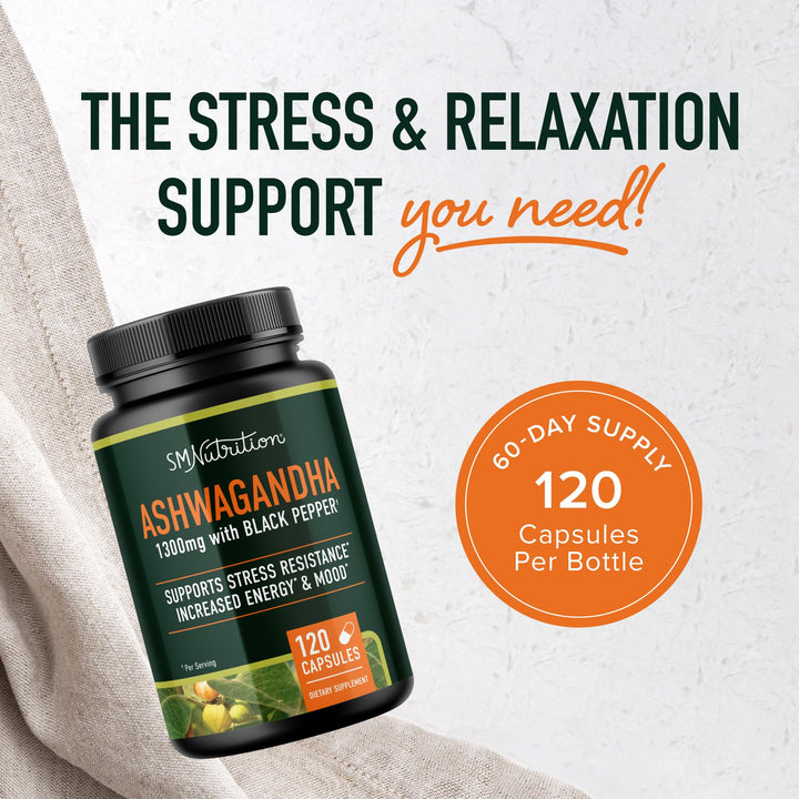 SMNutrition Ashwagandha Root Extract Supplement, 1300 mg, 120 Count