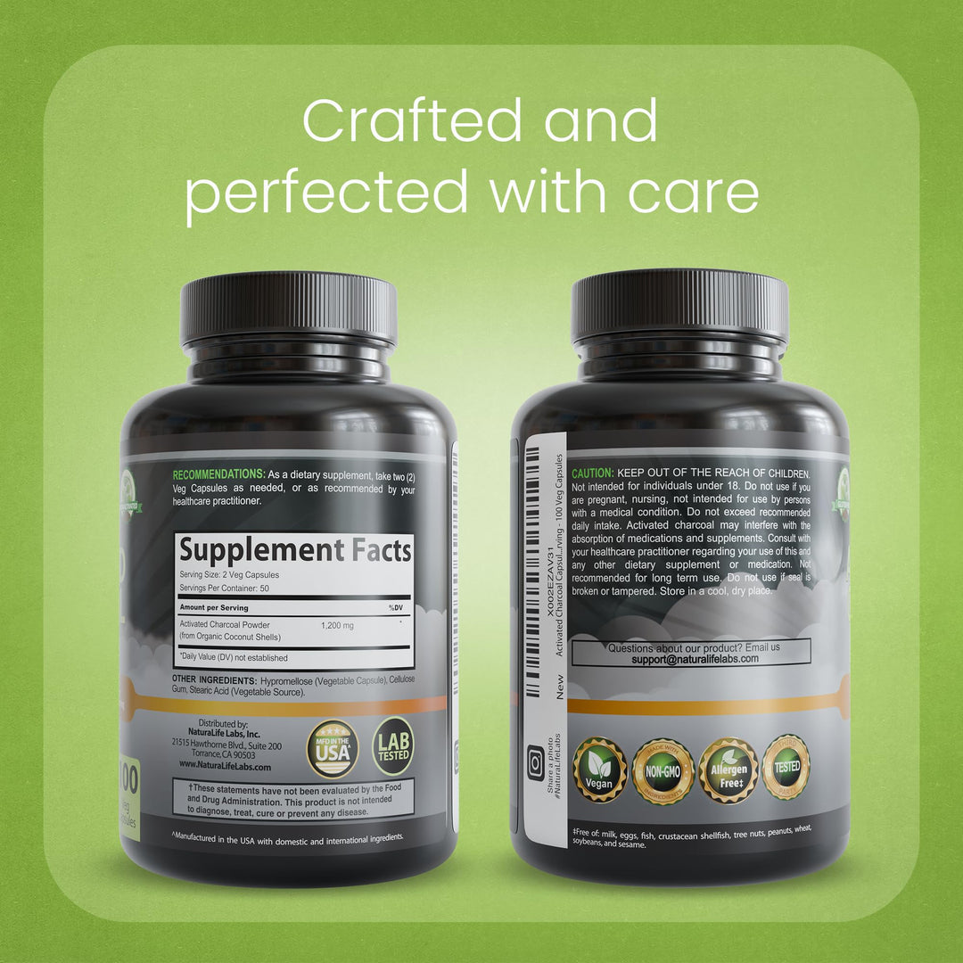 NaturaLife Labs Activated Charcoal, 1200 mg, 100 Count