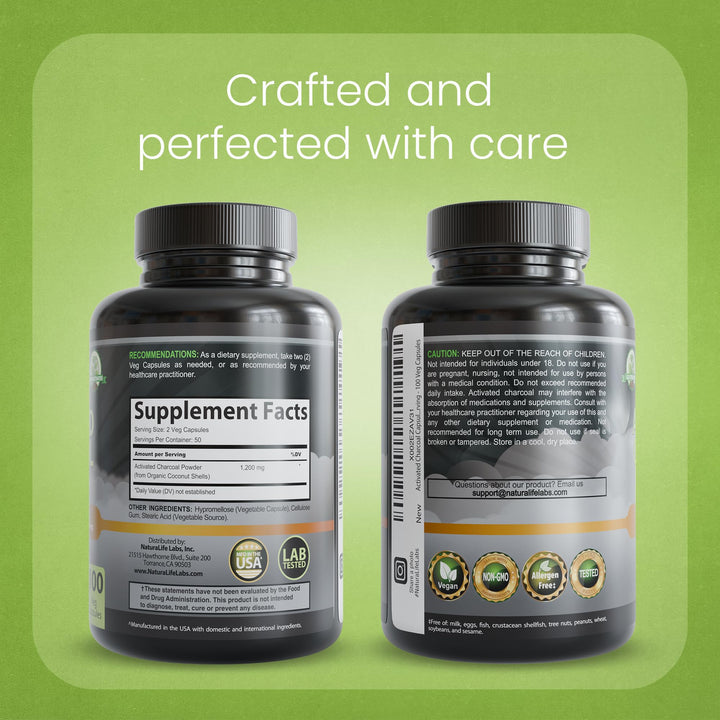 NaturaLife Labs Activated Charcoal, 1200 mg, 100 Count