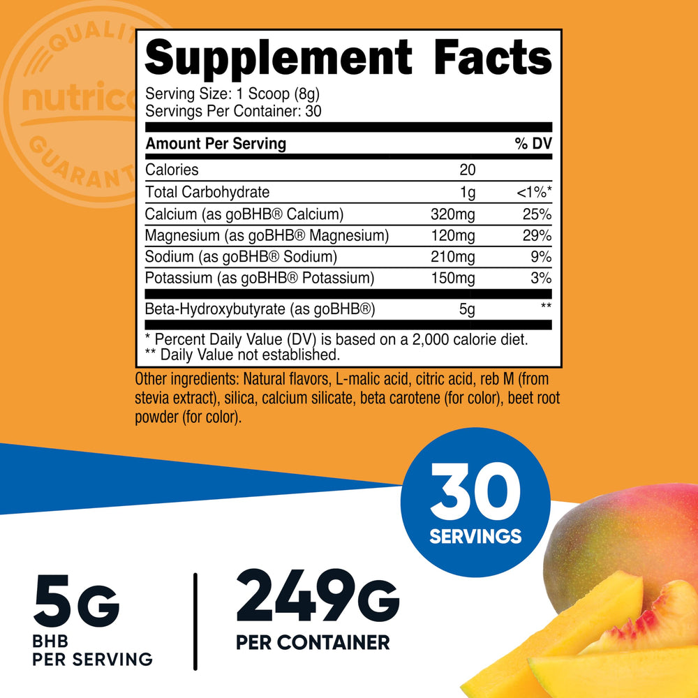 Nutricost BHB Salts Drink Mix, Peach Mango, 30 Count