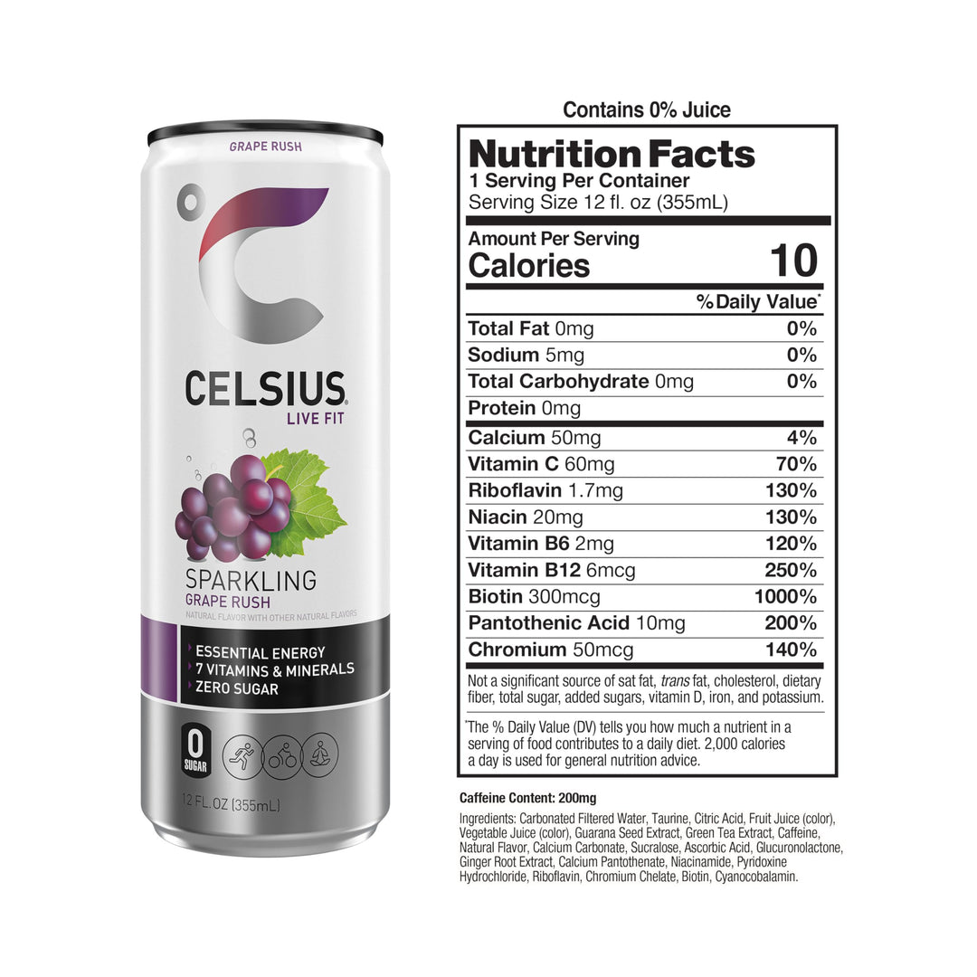 CELSIUS Sparkling Grape Rush Energy Drink, Sugar Free, 12 fl oz, Pack of 12