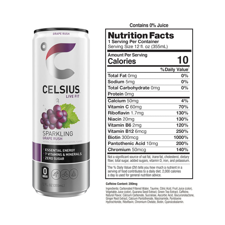 CELSIUS Sparkling Grape Rush Energy Drink, Sugar Free, 12 fl oz, Pack of 12
