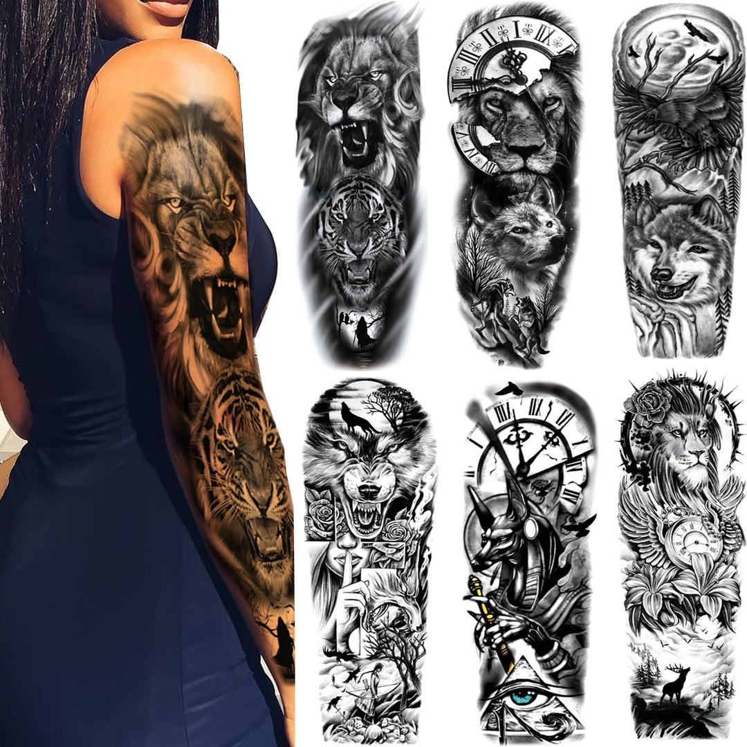 LEOARS Temporary Animal Tattoo, Black, Full Sleeve
