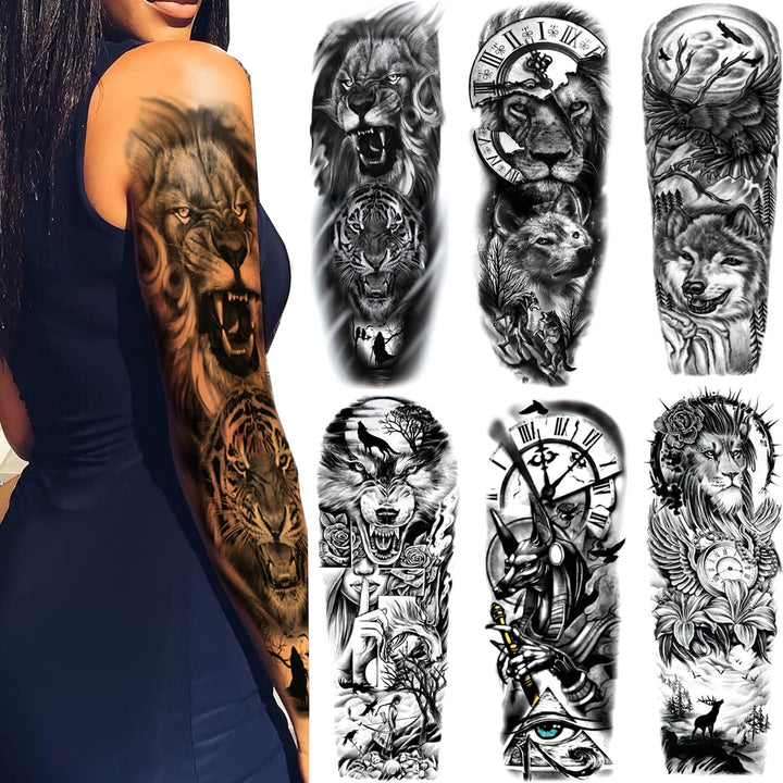 LEOARS Temporary Animal Tattoo, Black, Full Sleeve