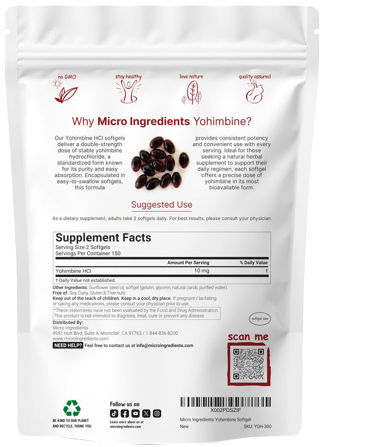Micro Ingredients Yohimbine HCL Softgels, 10 mg, 300 Count