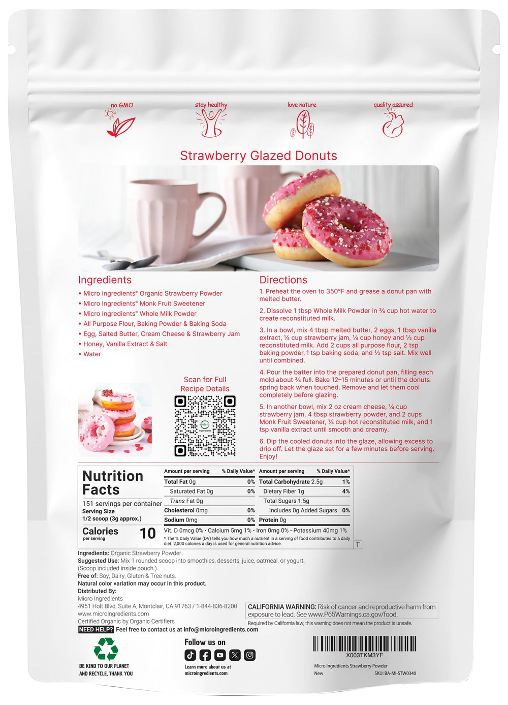 Micro Ingredients Organic Freeze-Dried Strawberry Powder, 1 lb