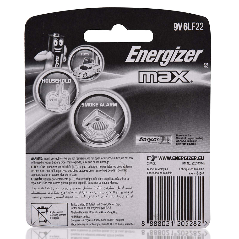 Energizer Max 9V Battery, 2 Count, Pack of 6