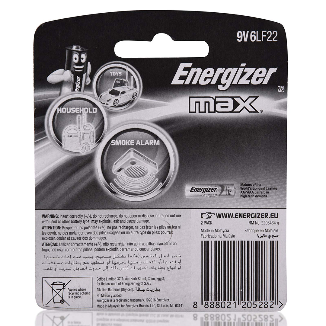 Energizer Max 9V Battery, 2 Count, Pack of 6
