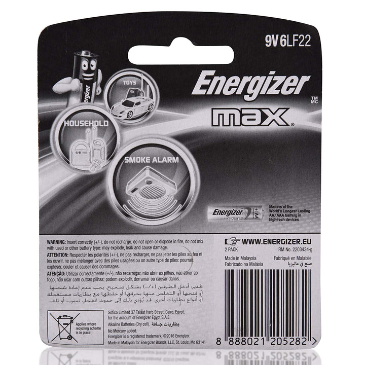 Energizer Max 9V Battery, 2 Count, Pack of 6