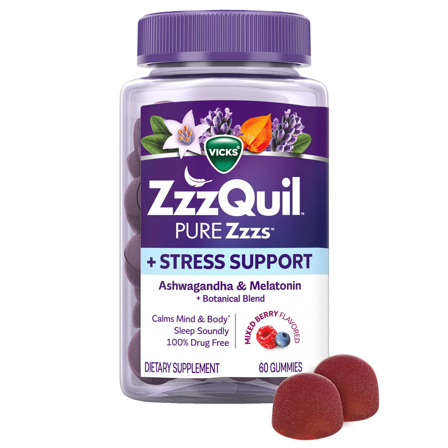 ZzzQuil Pure Zzzs De-Stress Melatonin Sleep Aid Gummies, Ashwagandha, 1 mg, 60 Count