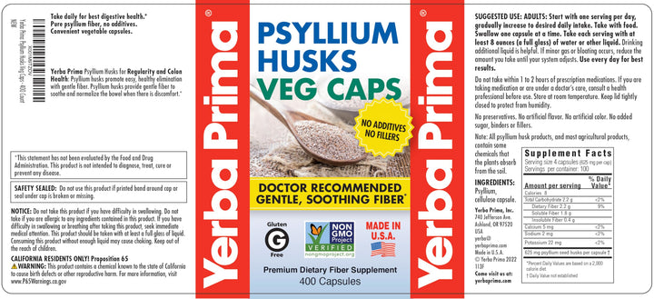 Yerba Prima Psyllium Husks Veg Caps, 625 mg, 400 Count