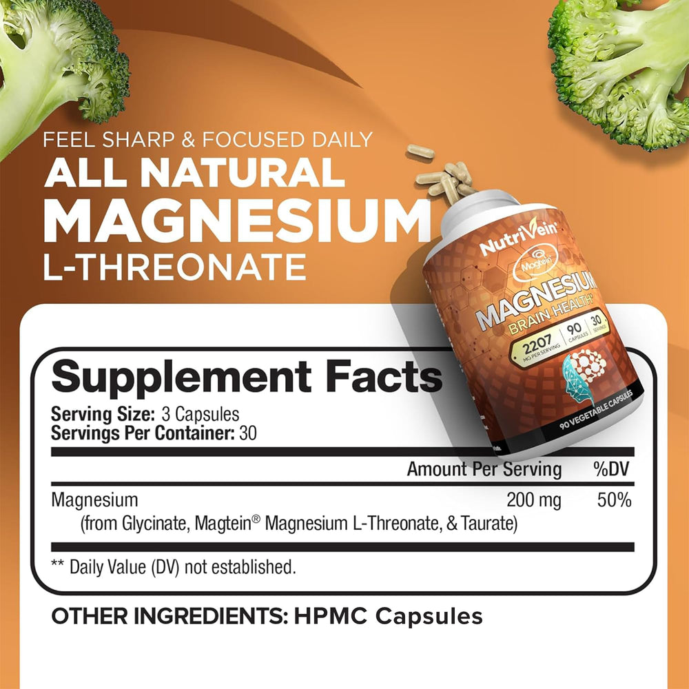 Nutrivein Magnesium L-Threonate Supplement, 2207 mg, 90 Count