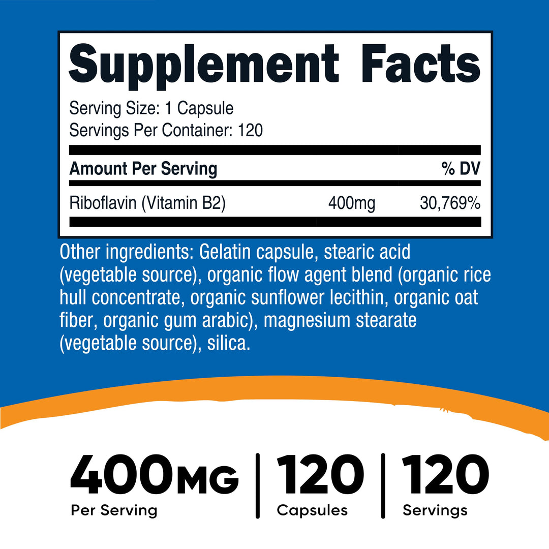 Nutricost Vitamin B2 Riboflavin, 400 mg, 120 Count