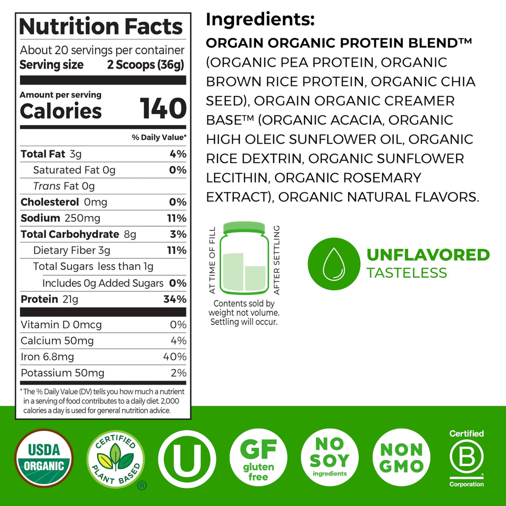 Orgain Organic Vegan Protein Powder, Natural Unsweetened, 1.59 lb