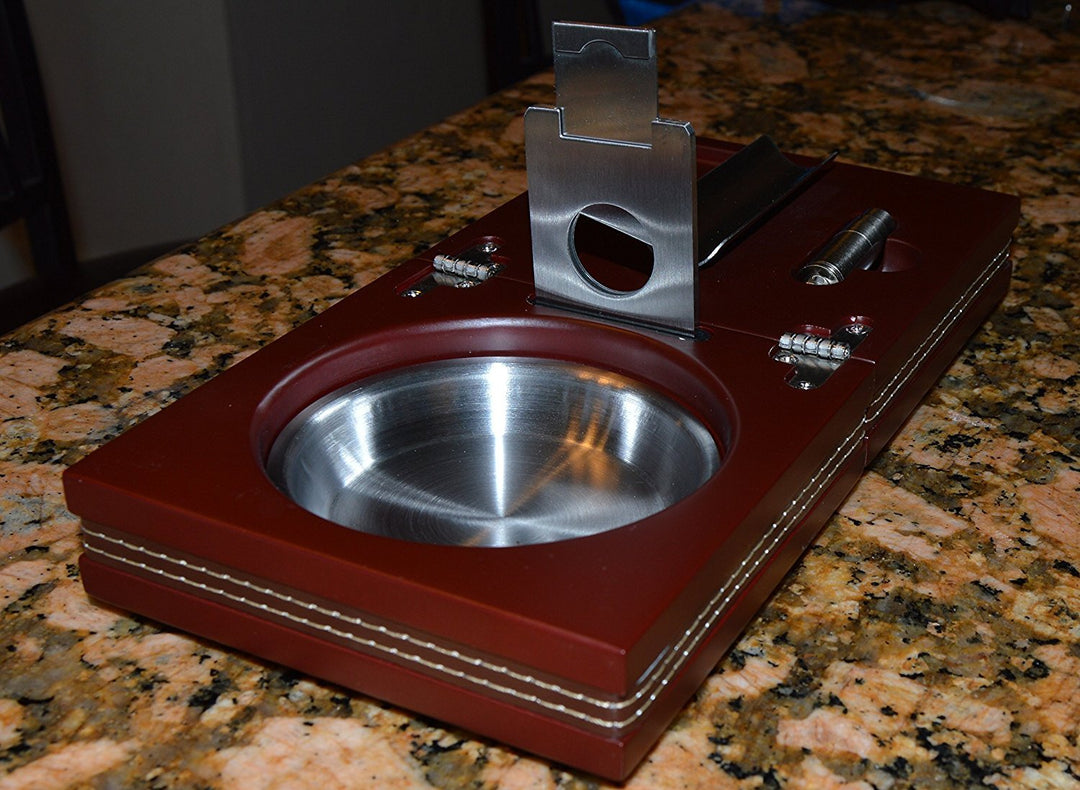 Habanosy Hermanos Compact Ash Tray with Cutter and Punch, Walnut with Leather, 4.75 in x 4.75 in x 2.8 in