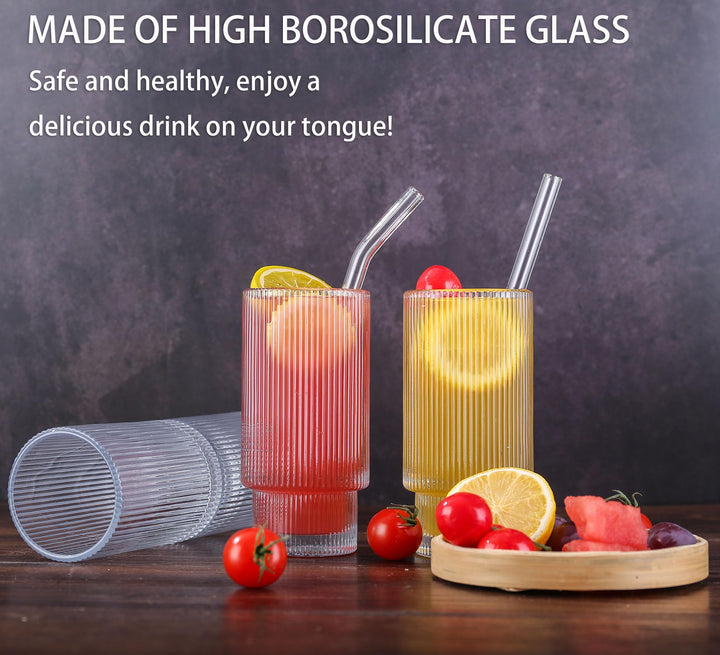 ASANMEYO Ribbed Drinking Glasses, 12 oz, 4 Count
