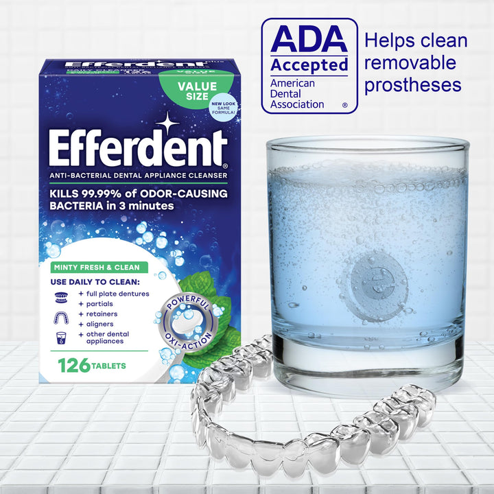 Efferdent Retainer and Denture Cleaning Tablets, Minty Fresh, 126 Count