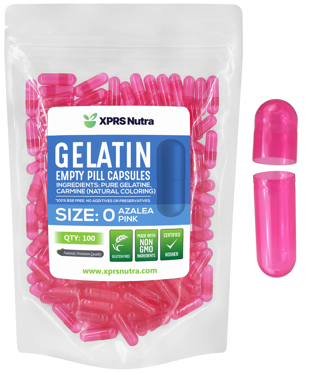 XPRS Nutra Empty Gelatin Capsules, Size 0, Azalea Pink, 100 Count