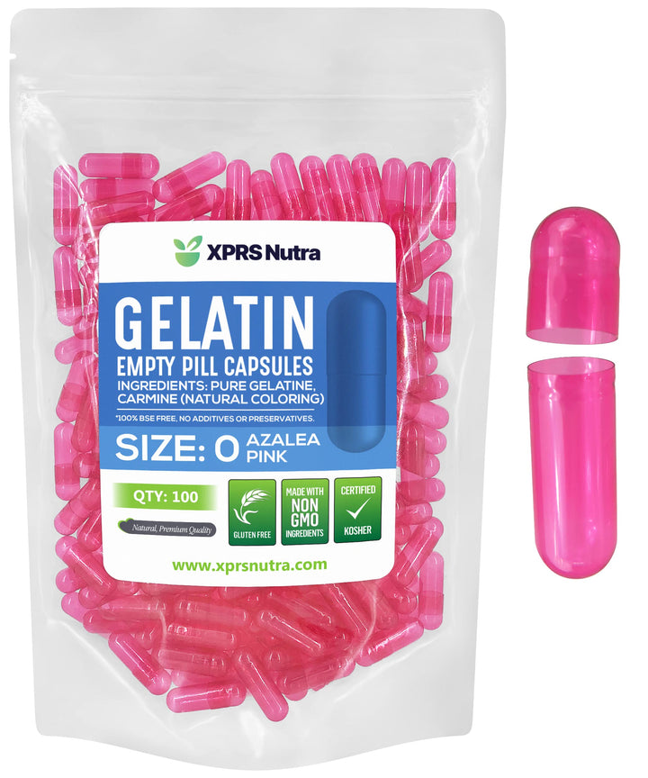 XPRS Nutra Empty Gelatin Capsules, Size 0, Azalea Pink, 100 Count
