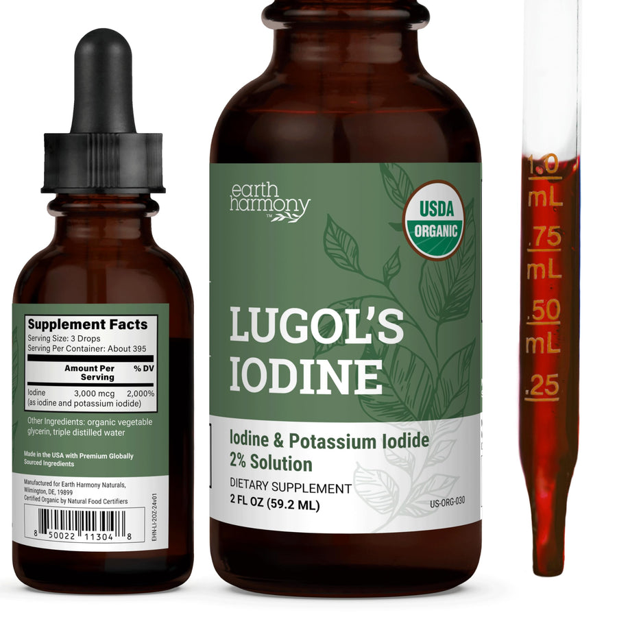 Earth Harmony Naturals Organic Lugol's Iodine and Potassium Iodide 2% Solution, 3000 mcg, 2 oz