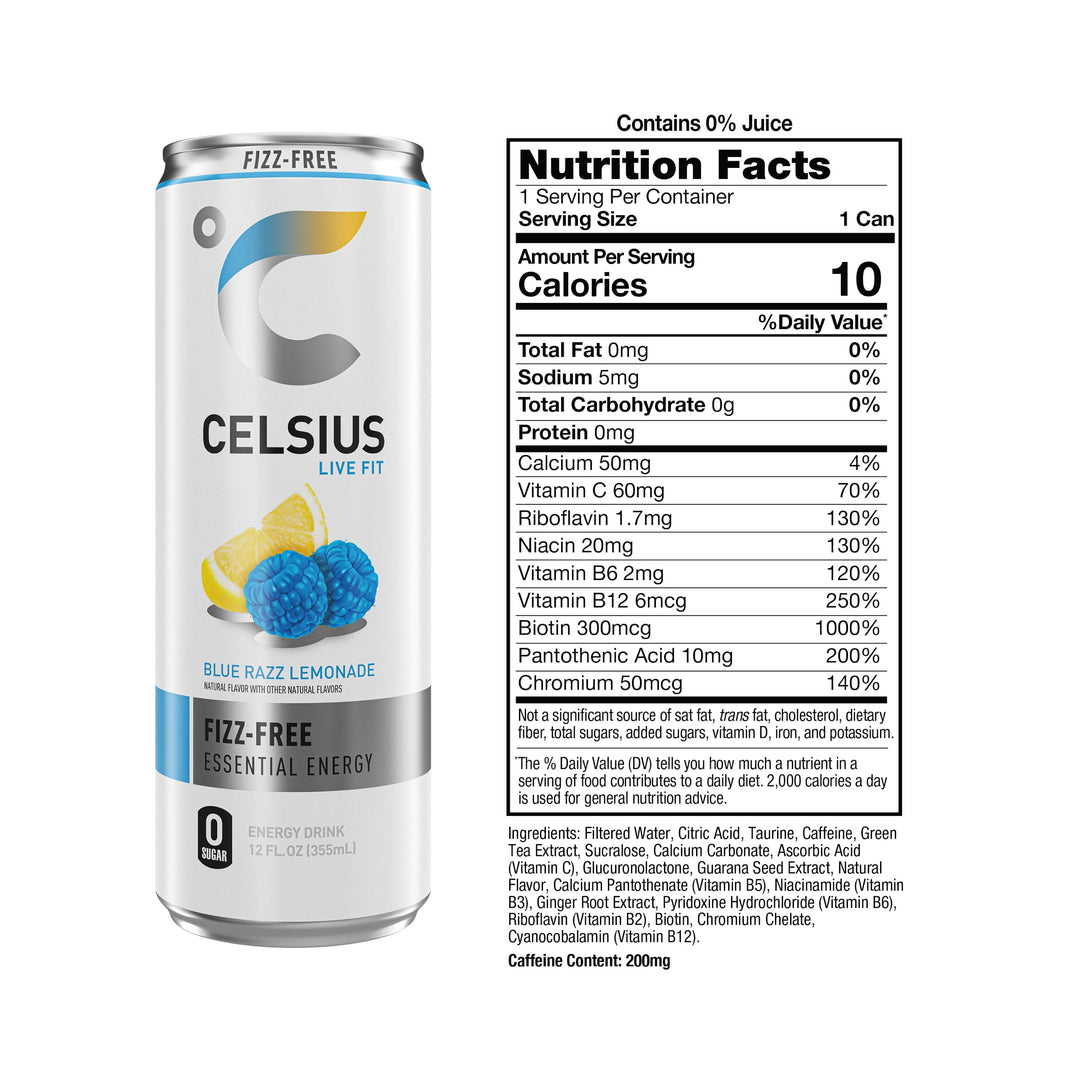 CELSIUS Fizz Free Blue Razz Lemonade Energy Drink, Sugar Free, 12 fl oz, Pack of 12