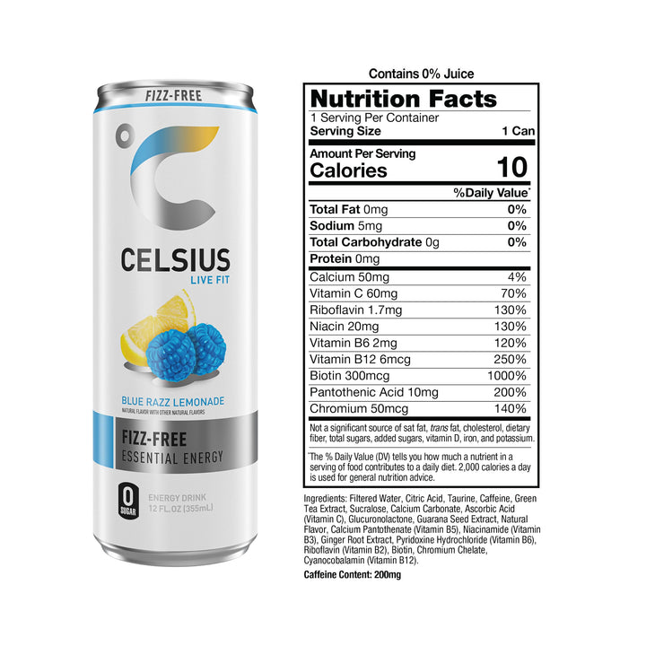 CELSIUS Fizz Free Blue Razz Lemonade Energy Drink, Sugar Free, 12 fl oz, Pack of 12