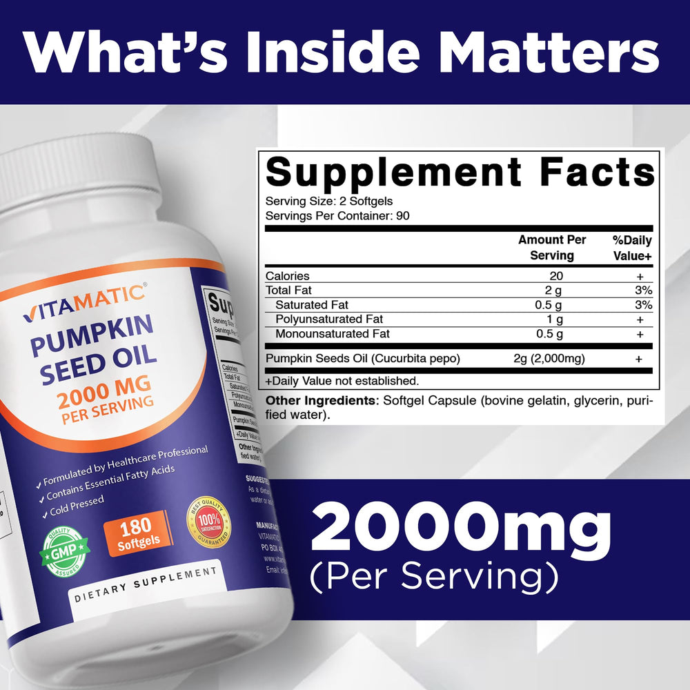 Vitamatic Pumpkin Seed Oil Softgels, 2000 mg, 180 Count