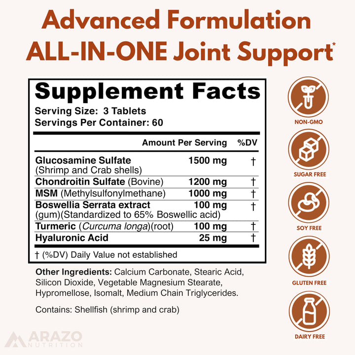 Arazo Nutrition Glucosamine Chondroitin Turmeric MSM Boswellia Joint Support Supplement, 180 Count