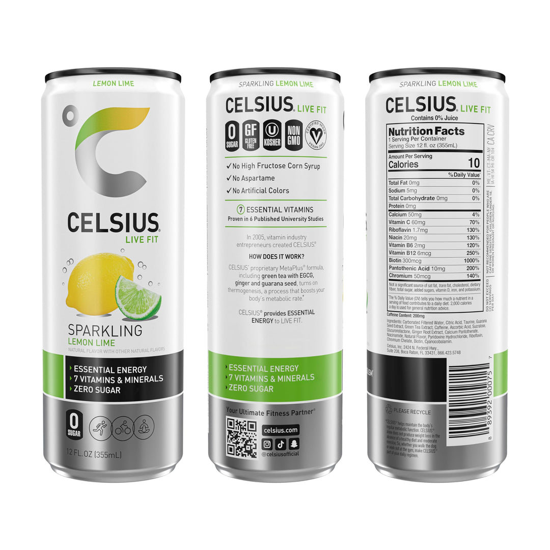 CELSIUS Sparkling Energy Drink, Lemon Lime, 12 fl oz, Pack of 12