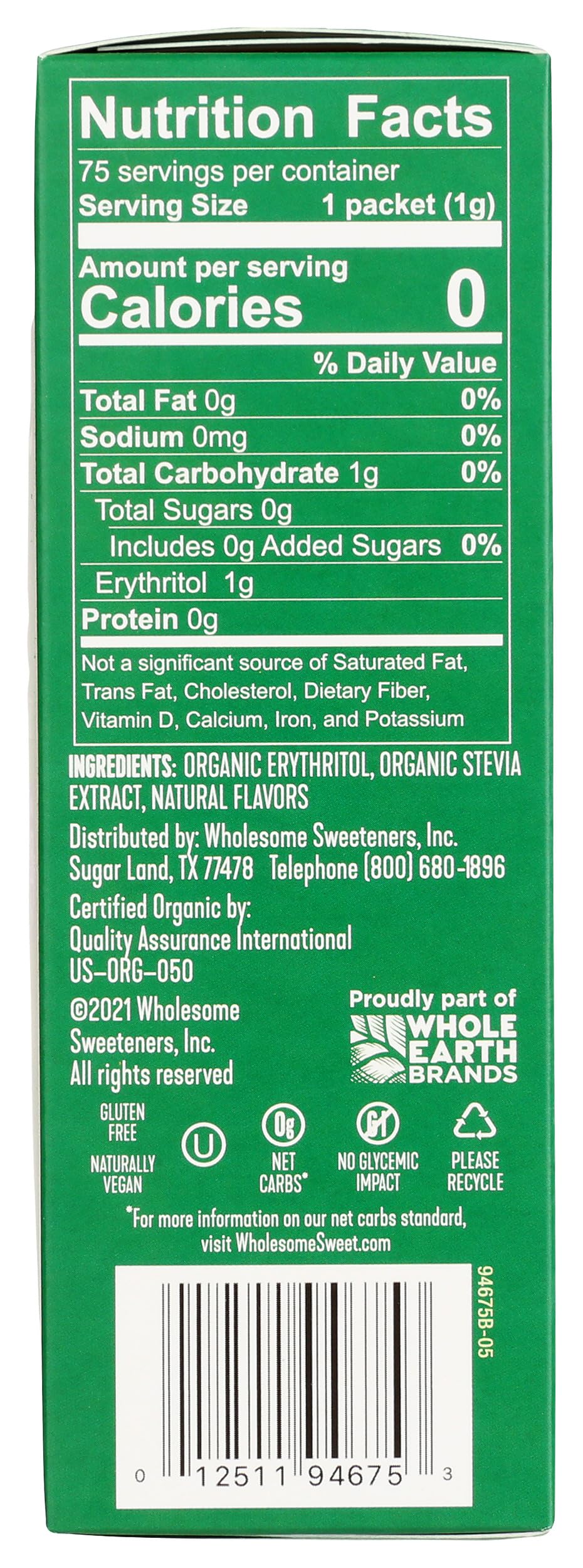 Wholesome Organic Stevia Sweetener, 75 Count