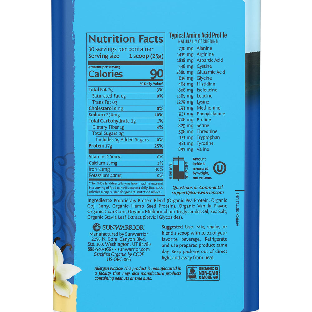 Sunwarrior Warrior Blend Organic Vegan Protein Powder, Vanilla, 30 Servings