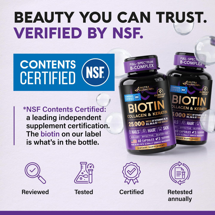 NUTRAHARMONY Biotin Collagen Keratin Hyaluronic Acid Supplement, 25000 mcg, 60 Count