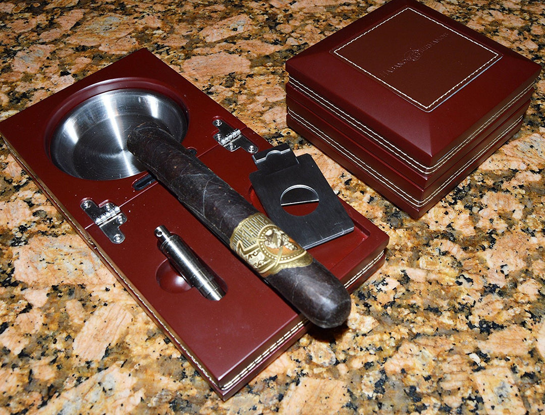 Habanosy Hermanos Compact Ash Tray with Cutter and Punch, Walnut with Leather, 4.75 in x 4.75 in x 2.8 in
