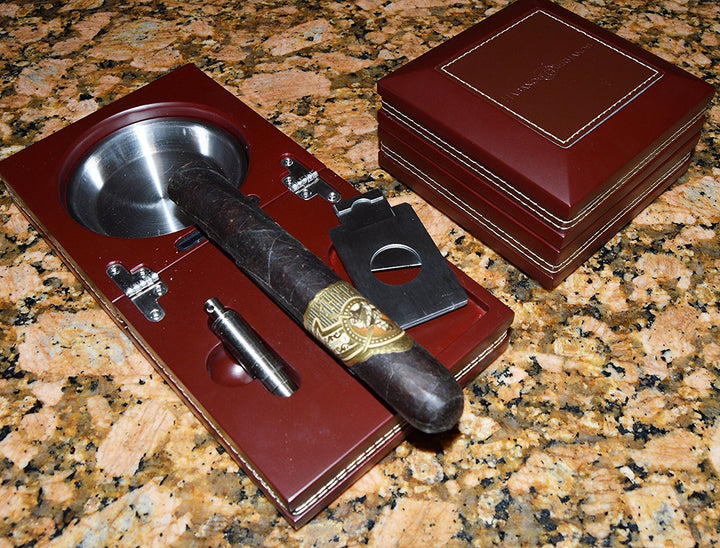 Habanosy Hermanos Compact Ash Tray with Cutter and Punch, Walnut with Leather, 4.75 in x 4.75 in x 2.8 in