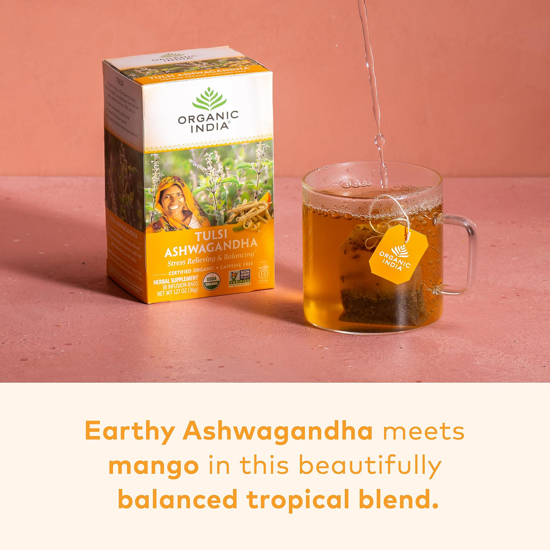 Organic India Tulsi Tea Ashwagandha, Caffeine-Free, 18 Count, 1.27 oz
