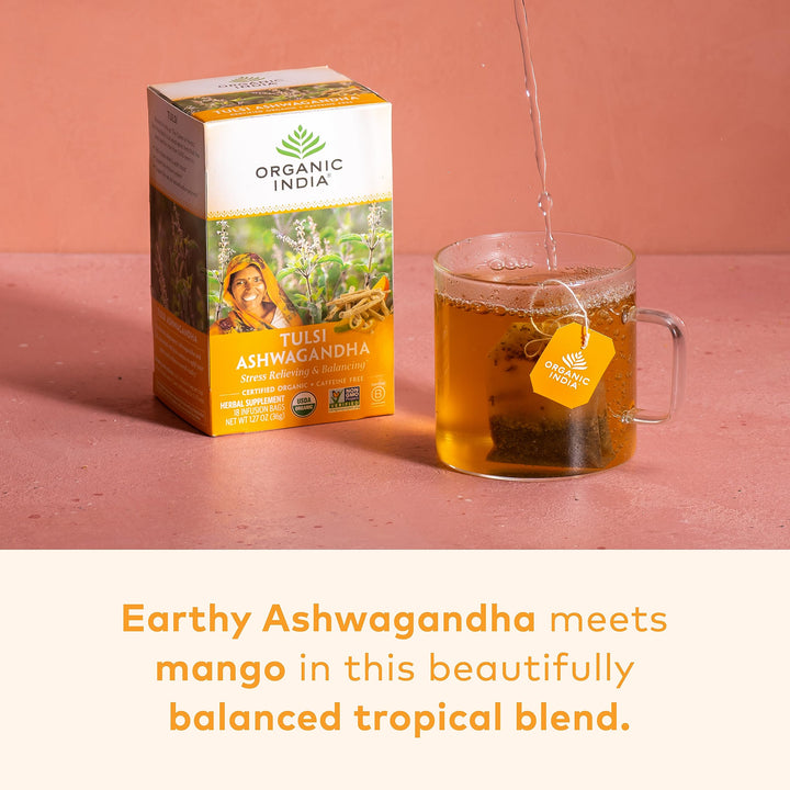 Organic India Tulsi Tea Ashwagandha, Caffeine-Free, 18 Count, 1.27 oz