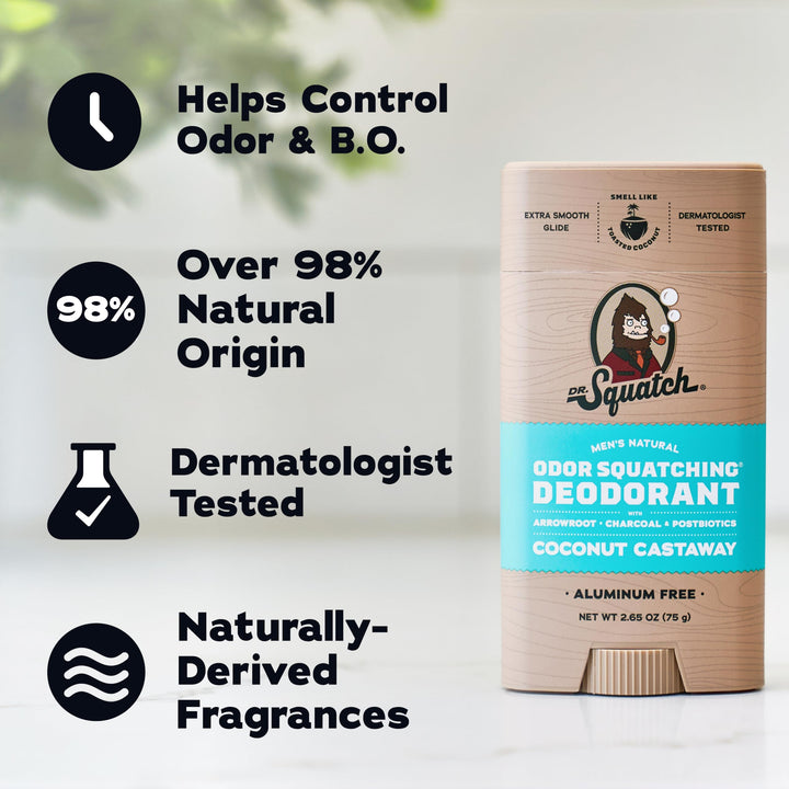 Dr. Squatch Natural Deodorant For Men, Coconut Castaway, 2.65 oz, Pack of 3