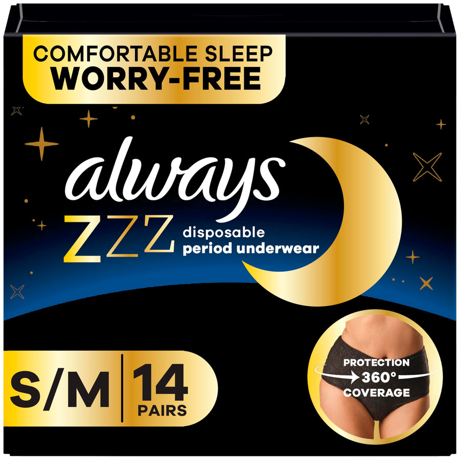 Always Zzzs Overnight Disposable Period Underwear, Black, Small/Medium, 7 Count, Pack of 2