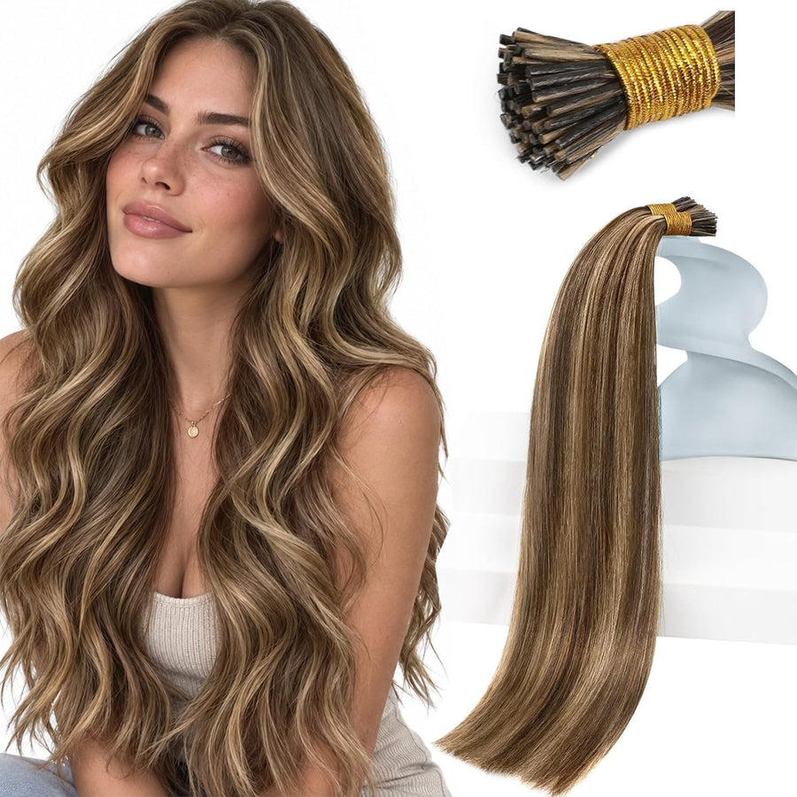 Sunny Hair I Tip Human Hair Extensions, Dark Brown Highlights Caramel Blonde, 14 Inch 50g 100 Strands