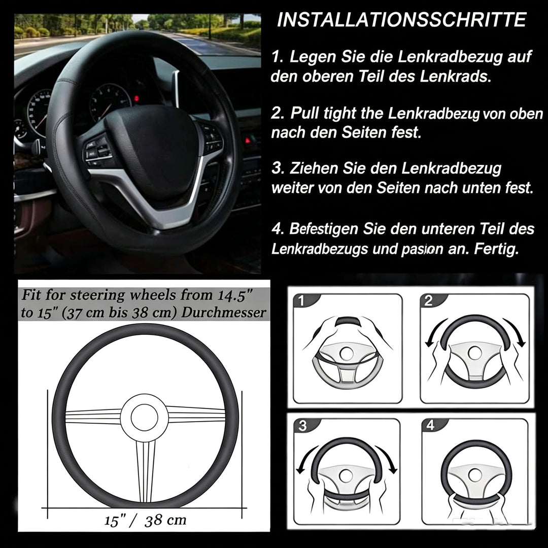Valleycomfy Microfiber Leather Steering Wheel Cover, Black, 15 in