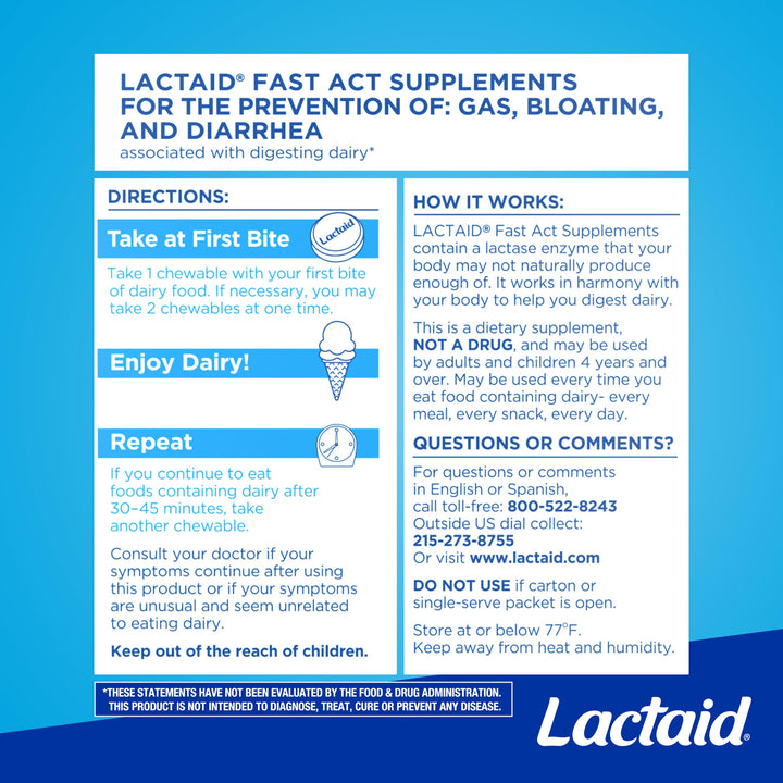 Lactaid Fast Act Lactose Intolerance Chewables, Vanilla, 60 Count