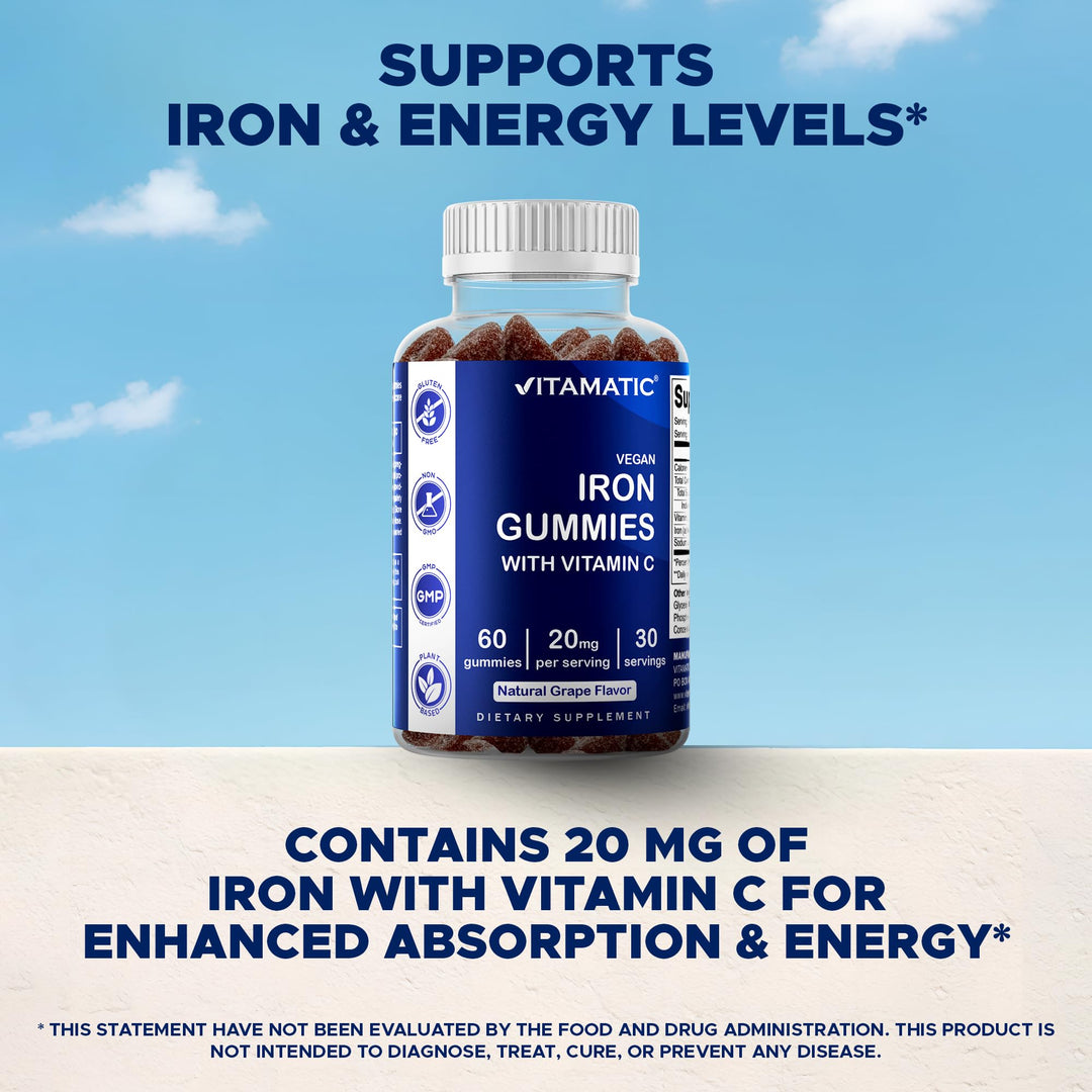 Vitamatic Vegan Iron With Vitamin C, Grape, 60 Count