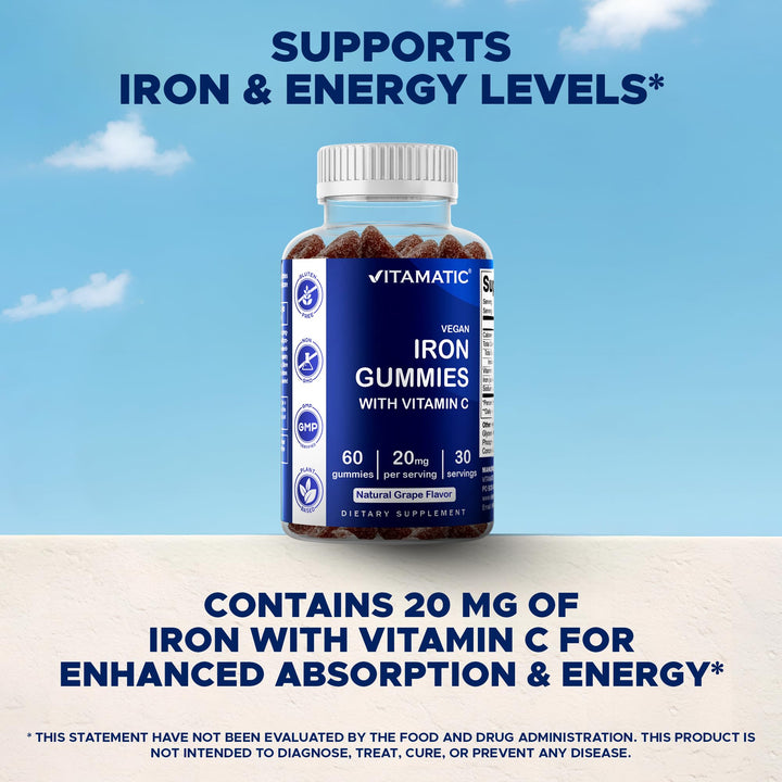 Vitamatic Vegan Iron With Vitamin C, Grape, 60 Count
