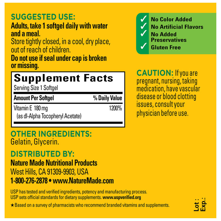Nature Made Vitamin E 180 mg (400 IU), 100 Count