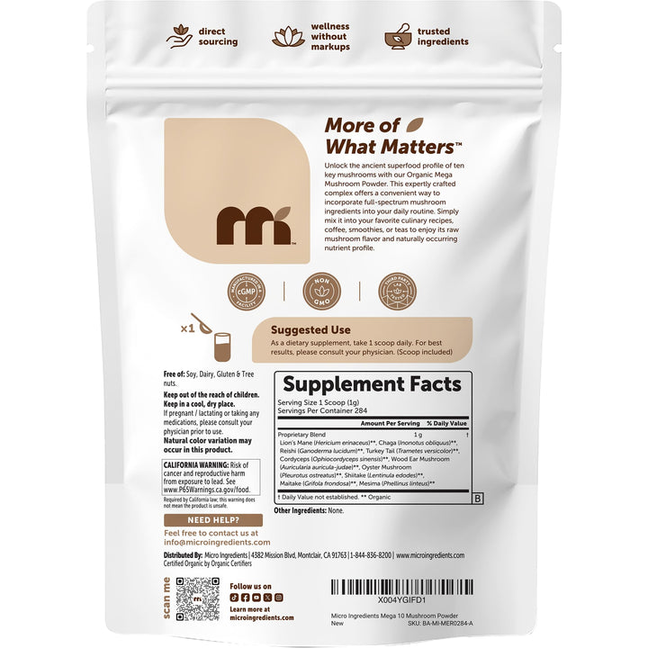 Micro Ingredients Organic Mega Mushrooms Powder, 10 oz