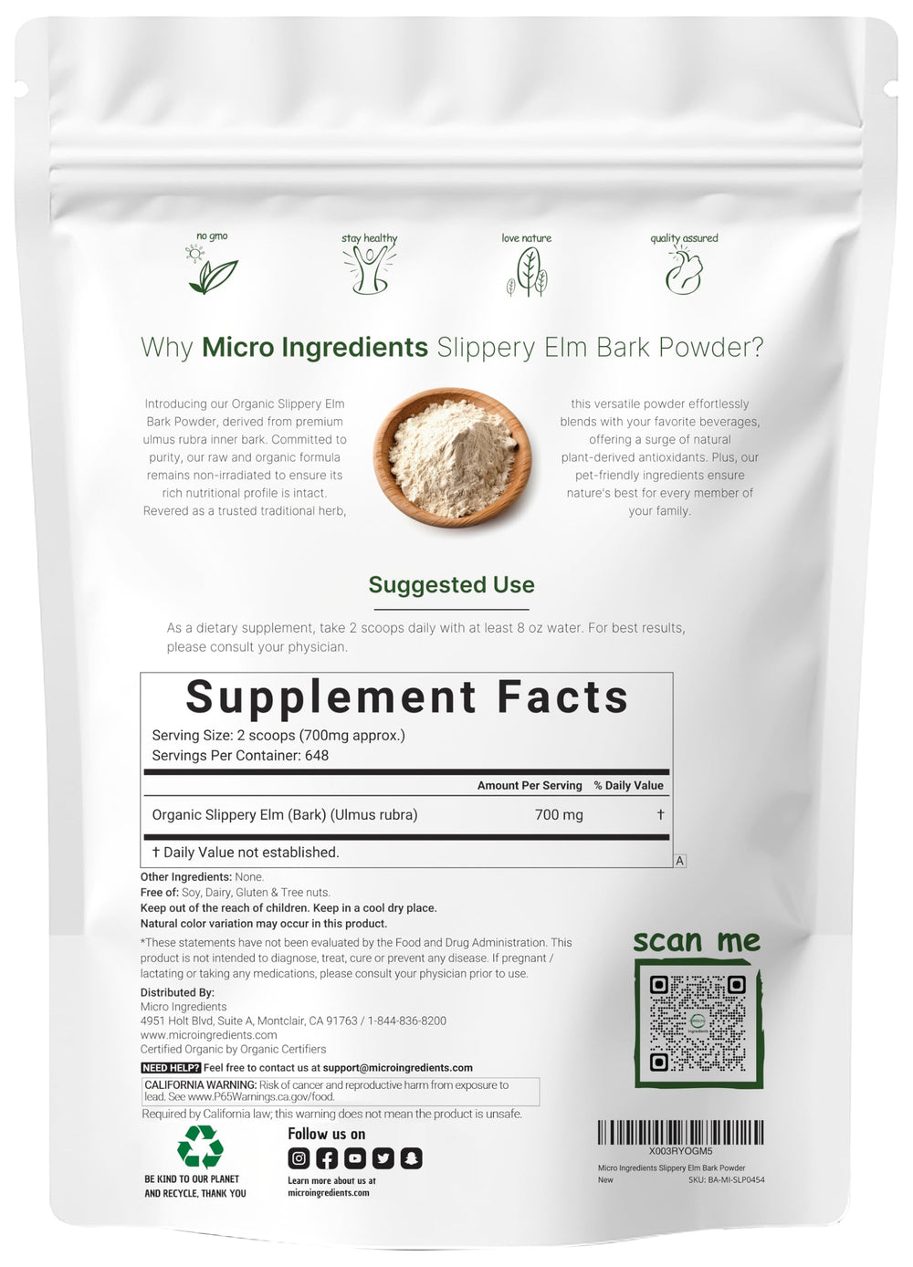 Micro Ingredients Slippery Elm Bark Powder, Organic, 1 lb