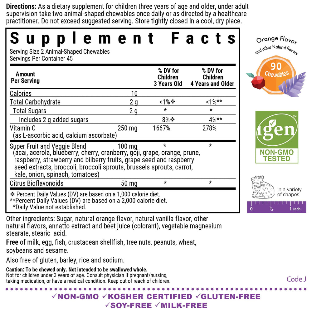 BlueBonnet Rainforest Animalz Vitamin C Chewable, Orange, 250 mg, 90 Count