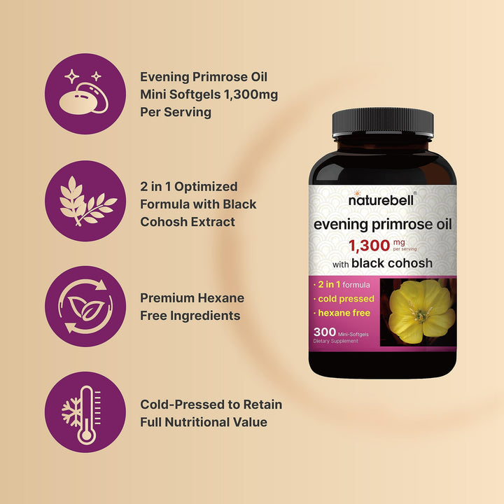 NatureBell Evening Primrose Oil with Black Cohosh, 1300 mg, 300 Count